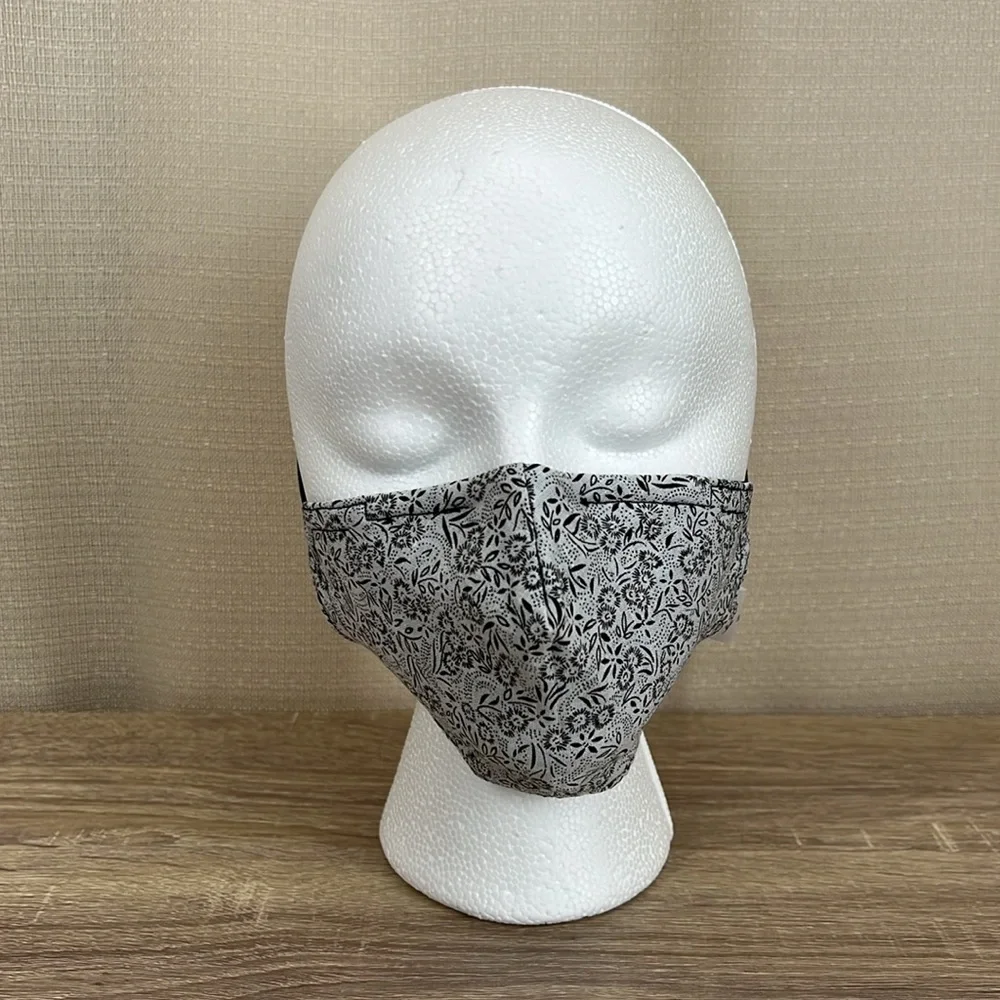 Reversible Face Mask black and white floral print 3 layer cotton fabric